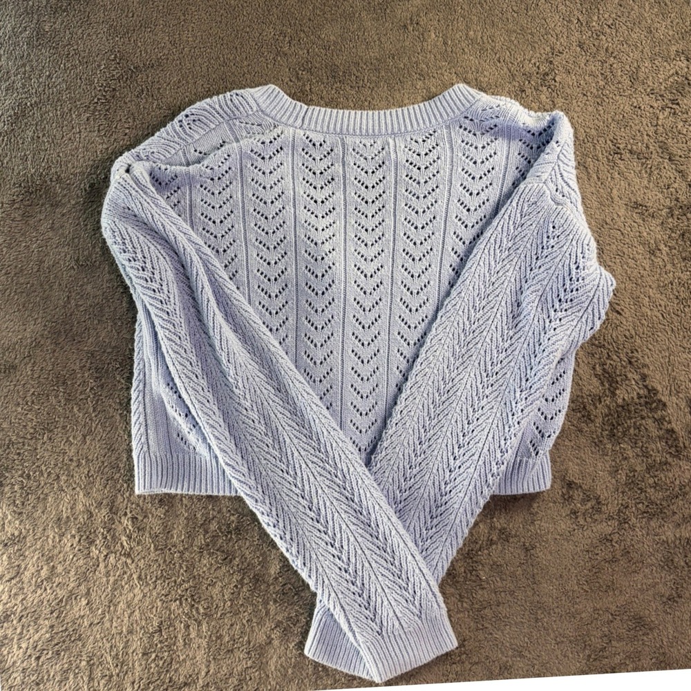 Hollister Womens Cropped Pointelle Knit Cardigan Sweater Blue V-Neck Medium - Picture 2 of 8
